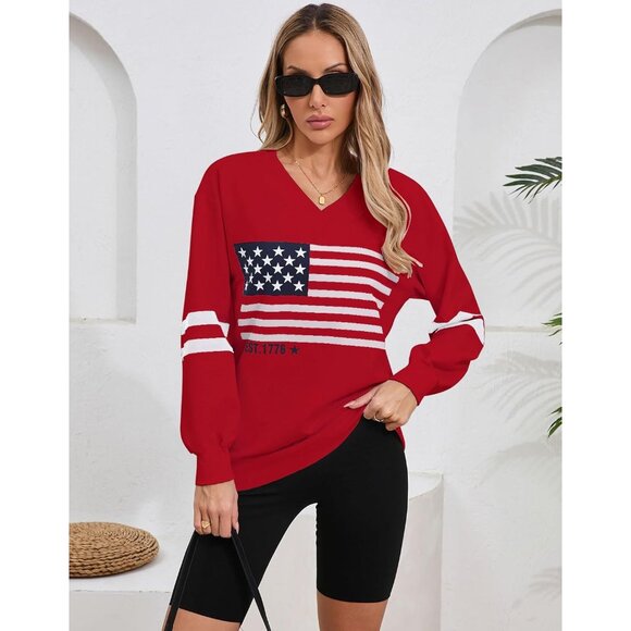 Women’s Oversized V-Neck Sweatshirt Cotton Blend Casual Patriotic Top - Picture 3 of 8